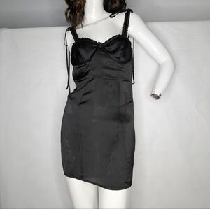 For Love and Lemons Women's Jacpot  Satin Black Mini Dress  Size S Ruffle Trim